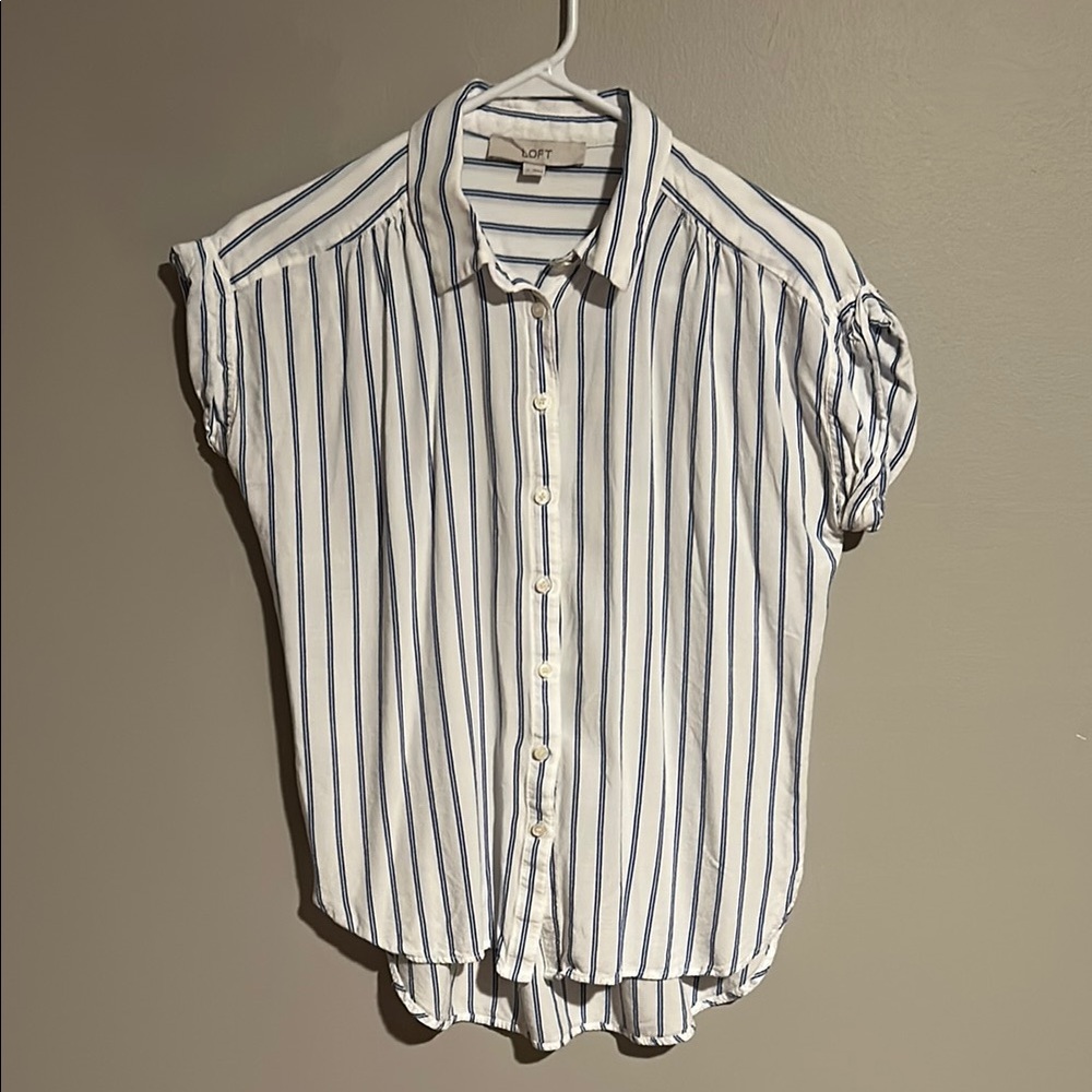 LOFT White and Blue Button Down Shirt with Notched Collar